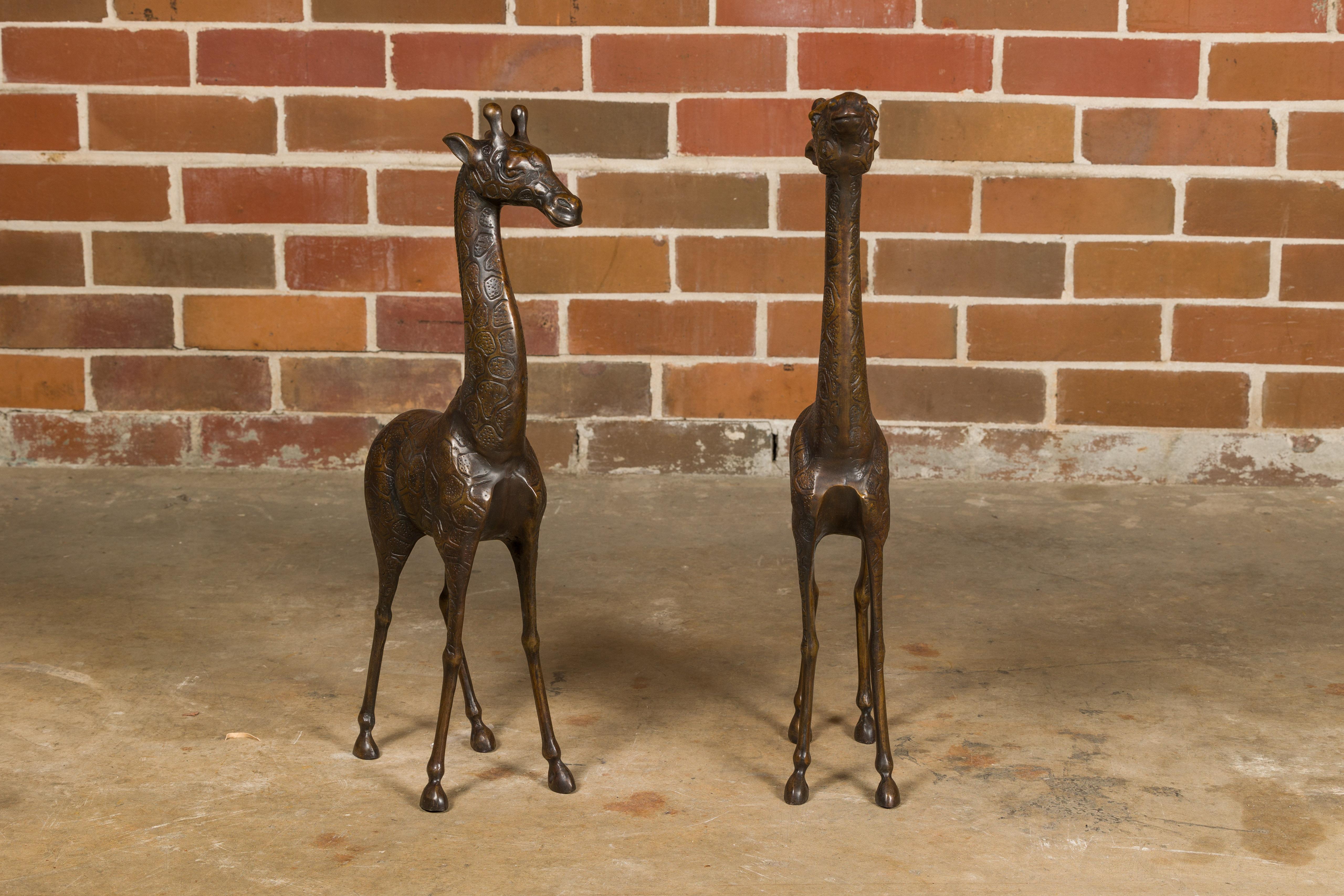 This charming pair of mid-20th-century American bronze giraffe sculptures exudes a playful and whimsical character, a delightful addition to any home. Though modest in size, they command presence with their artful depiction.

The sculptures capture