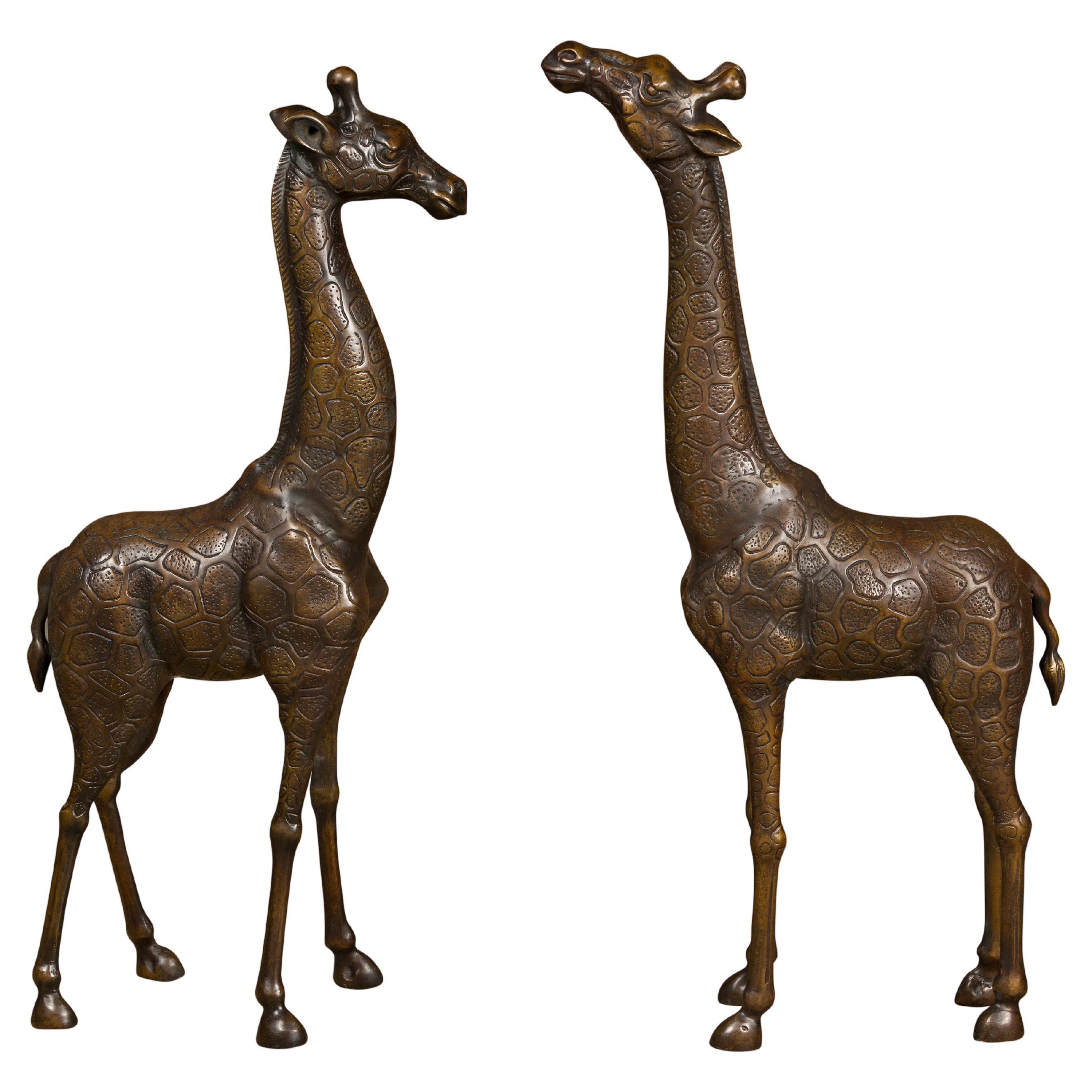 Paar kleine Giraffenskulpturen aus Bronze aus der Mitte des Jahrhunderts, amerikanische Kunst