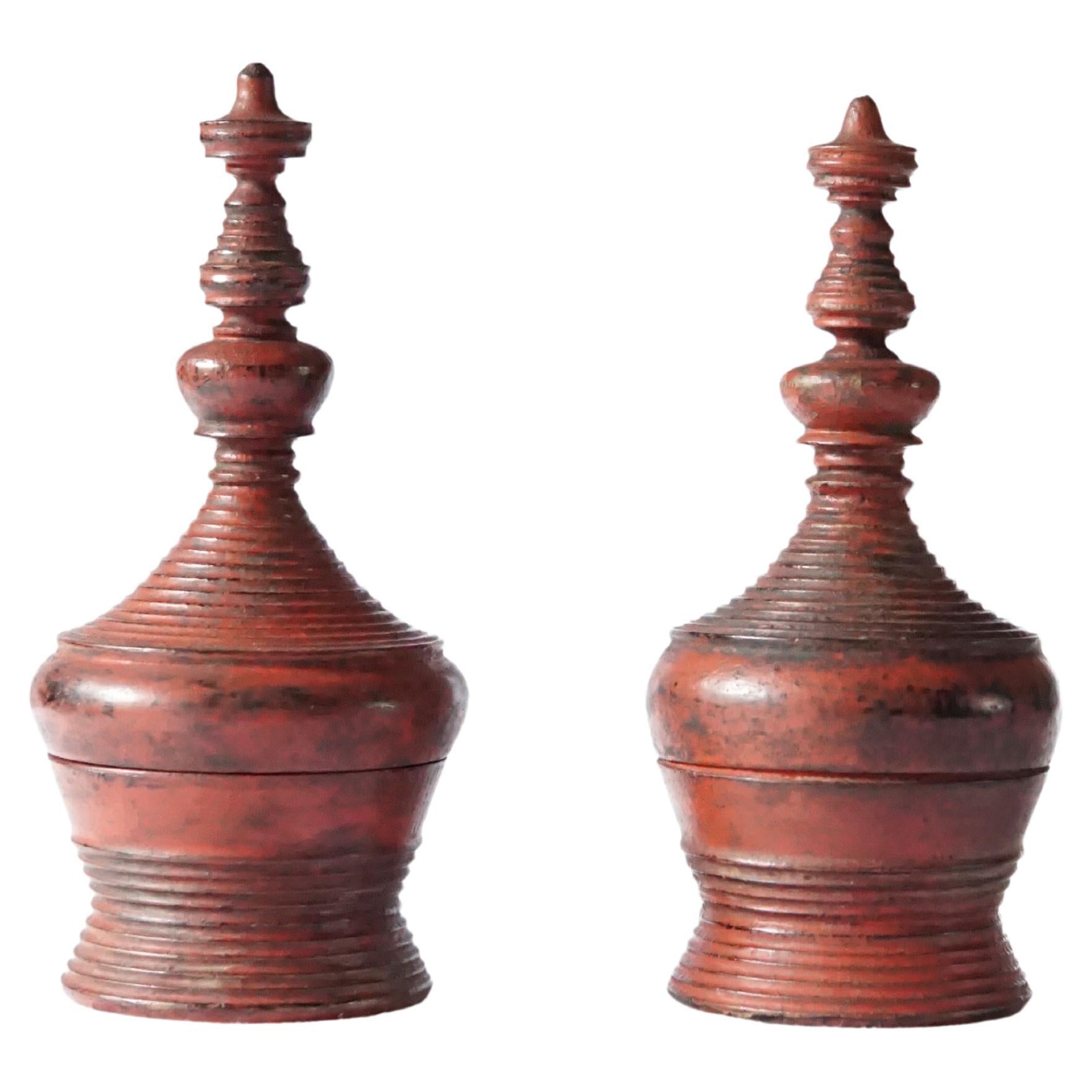 Pair of Small Burmese Red& Black Lacquer Offering Vessels, "Hsun Ok", c. 1900 For Sale