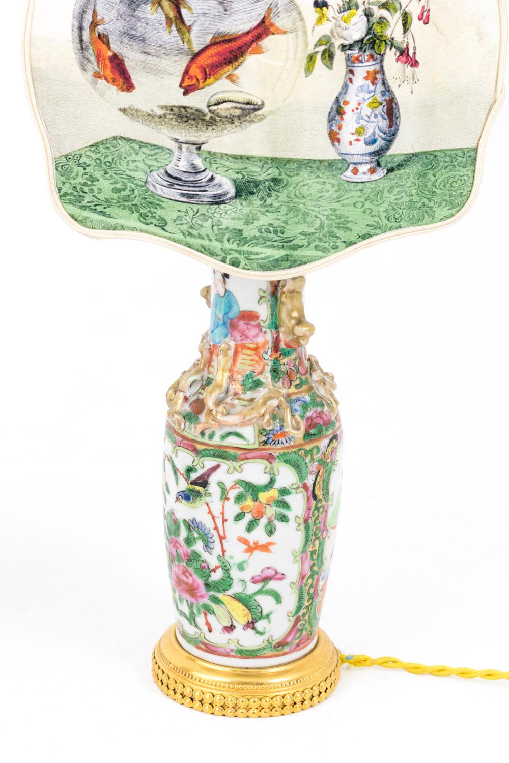 19th Century Pair of Small Canton Porcelain Lamps with Screens, circa 1880