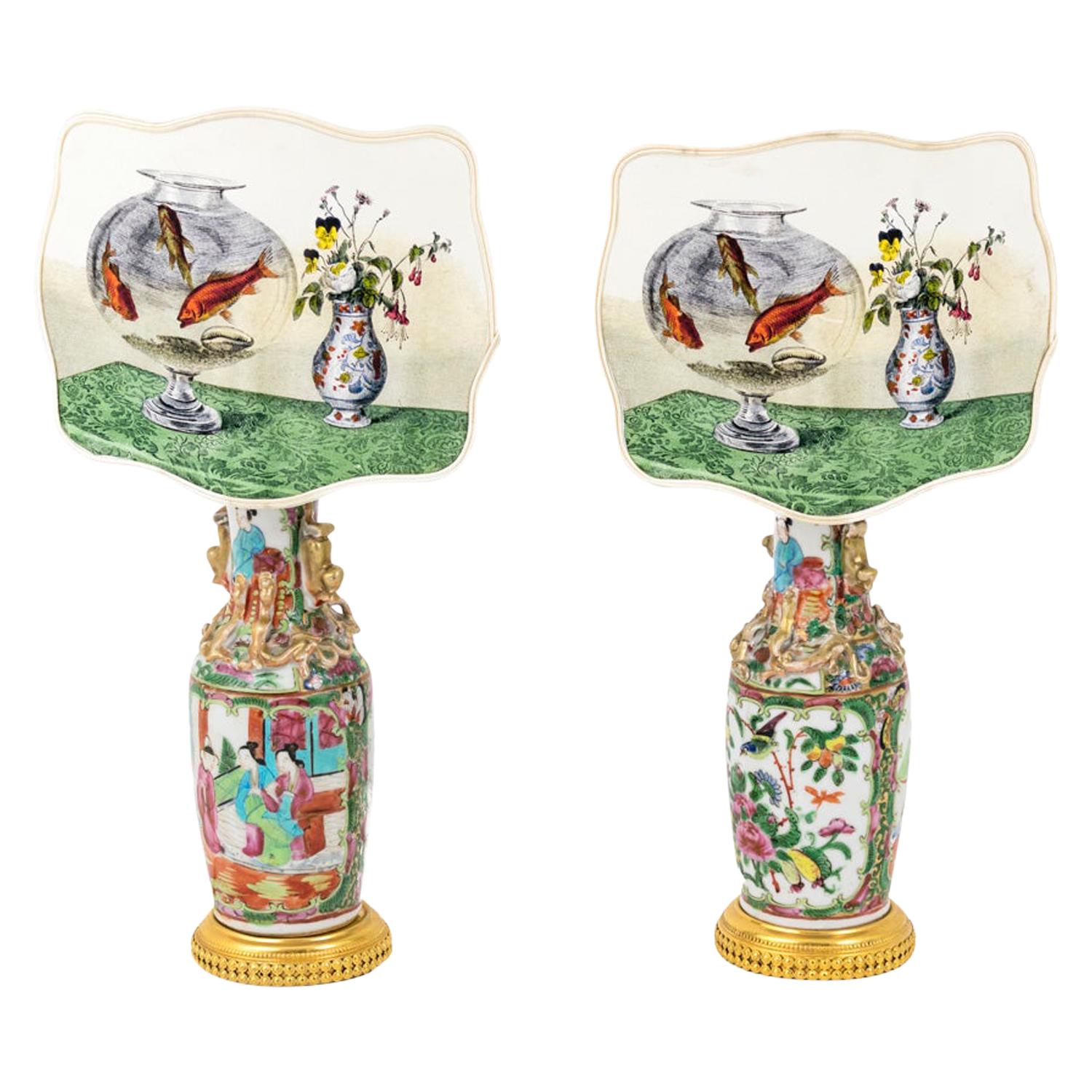 Pair of Small Canton Porcelain Lamps with Screens, circa 1880