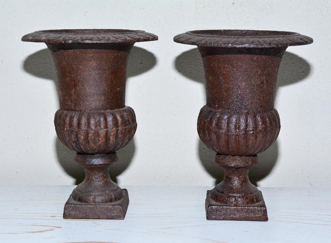 The pair of small Victorian urns are cast in iron and are embellished with protruding fluting and egg-and-dart rims.