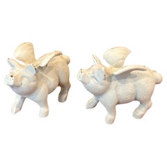 Pair of Small Cast Iron "When Pigs Fly" Paperweights / Sculptures