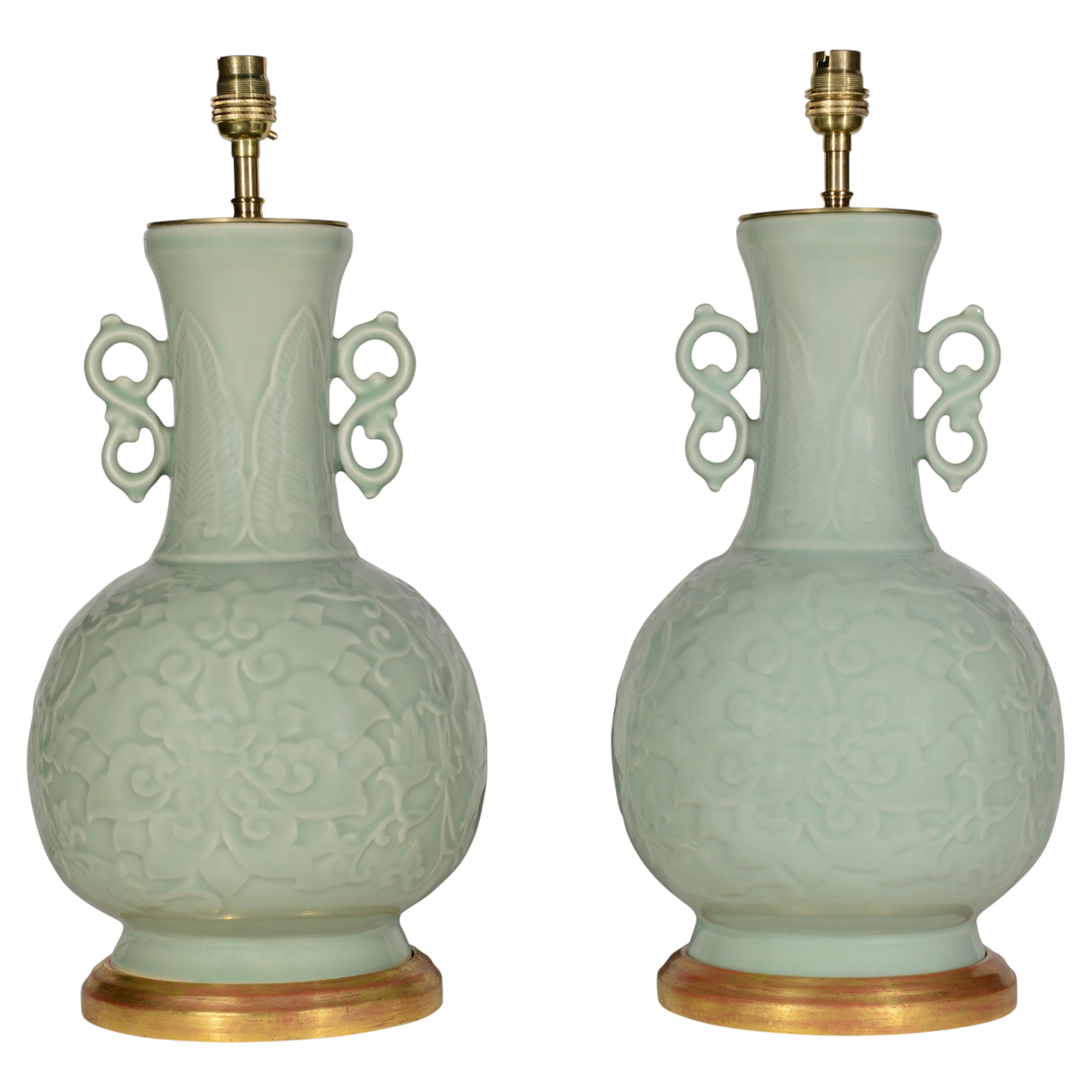 Pair of Small Celadon Chinese Table Lamps, circa 1900 For Sale