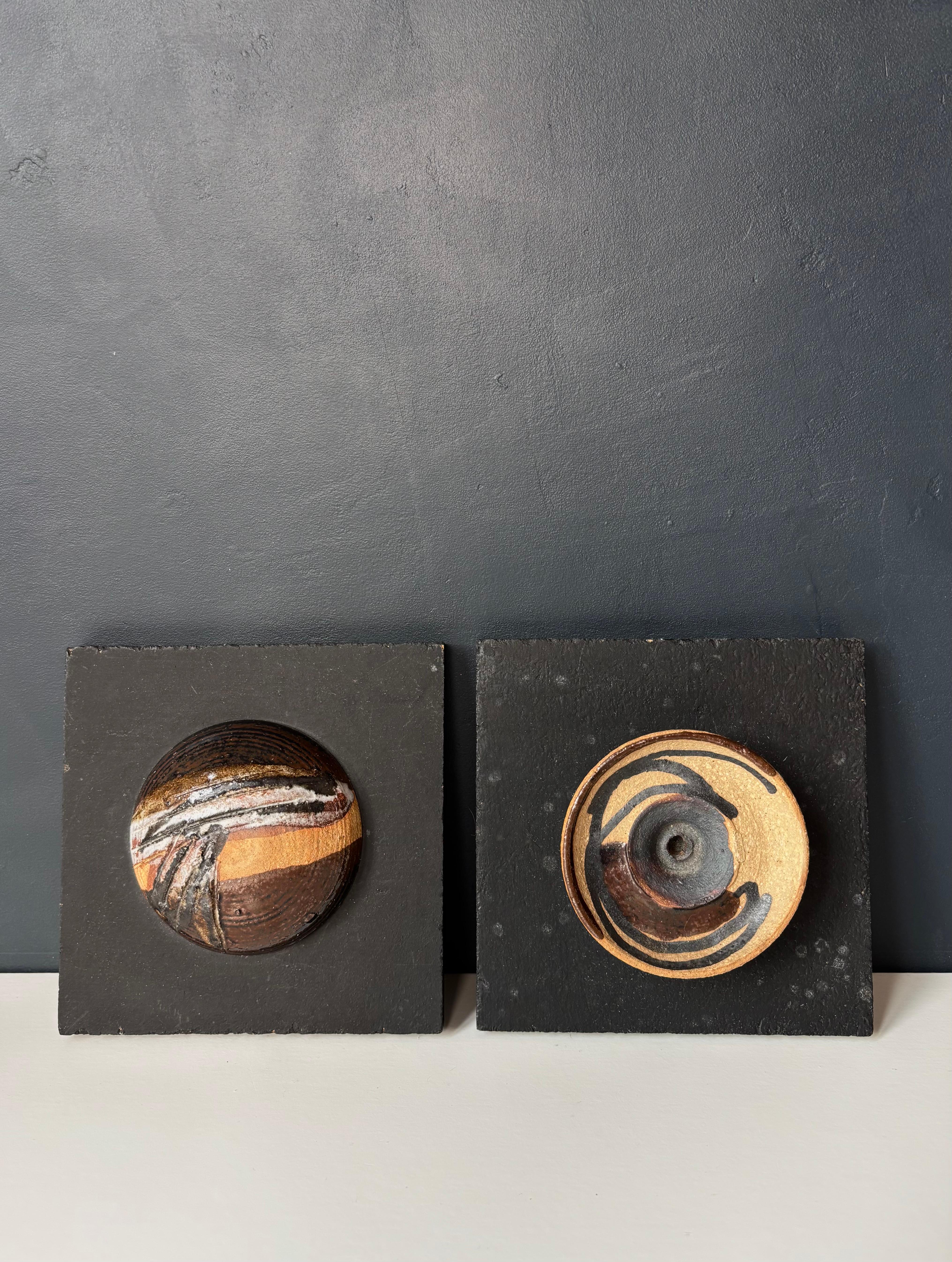 Mid-Century Modern Pair of Small Ceramic Wall Art Plaques, 1970s For Sale