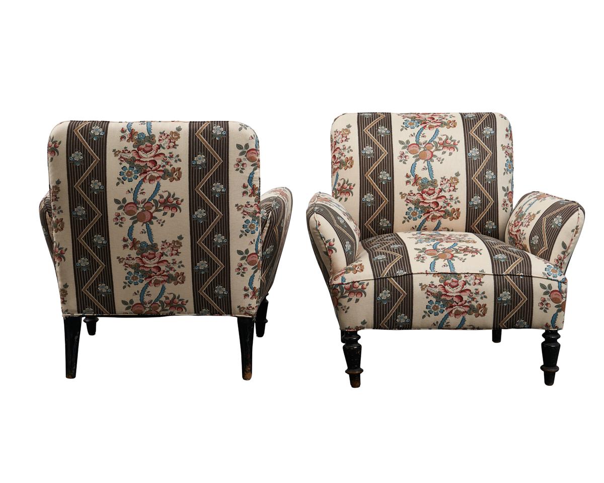 We discovered this charming pair of antique chairs in the South of France. Newly upholstered Sylvain Floral Stripe fabric, they have tight square backs, plump splayed arms and petite proportions, making them cozy, comfortable and perfectly at home