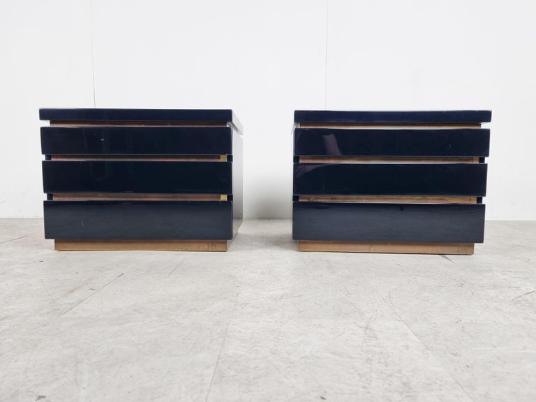 Pair of dark blue lacquered and brass bedside cabinets by Jean Claude Mahey.

Very rare colour.

Jean Claude Mahey always meets the high quality furniture standards and never disappoints.

Seventies/eighties glam

Good overall condition, one