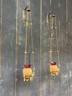 Pair of Small Church Lanterns in Brass and Stained Glass Circa 1930/1950