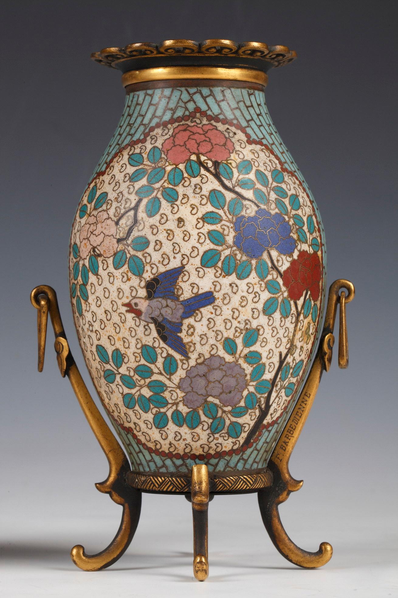 Japonisme Pair of Small Cloisonné Enamel Vases by F. Barbedienne, France, Circa 1880 For Sale
