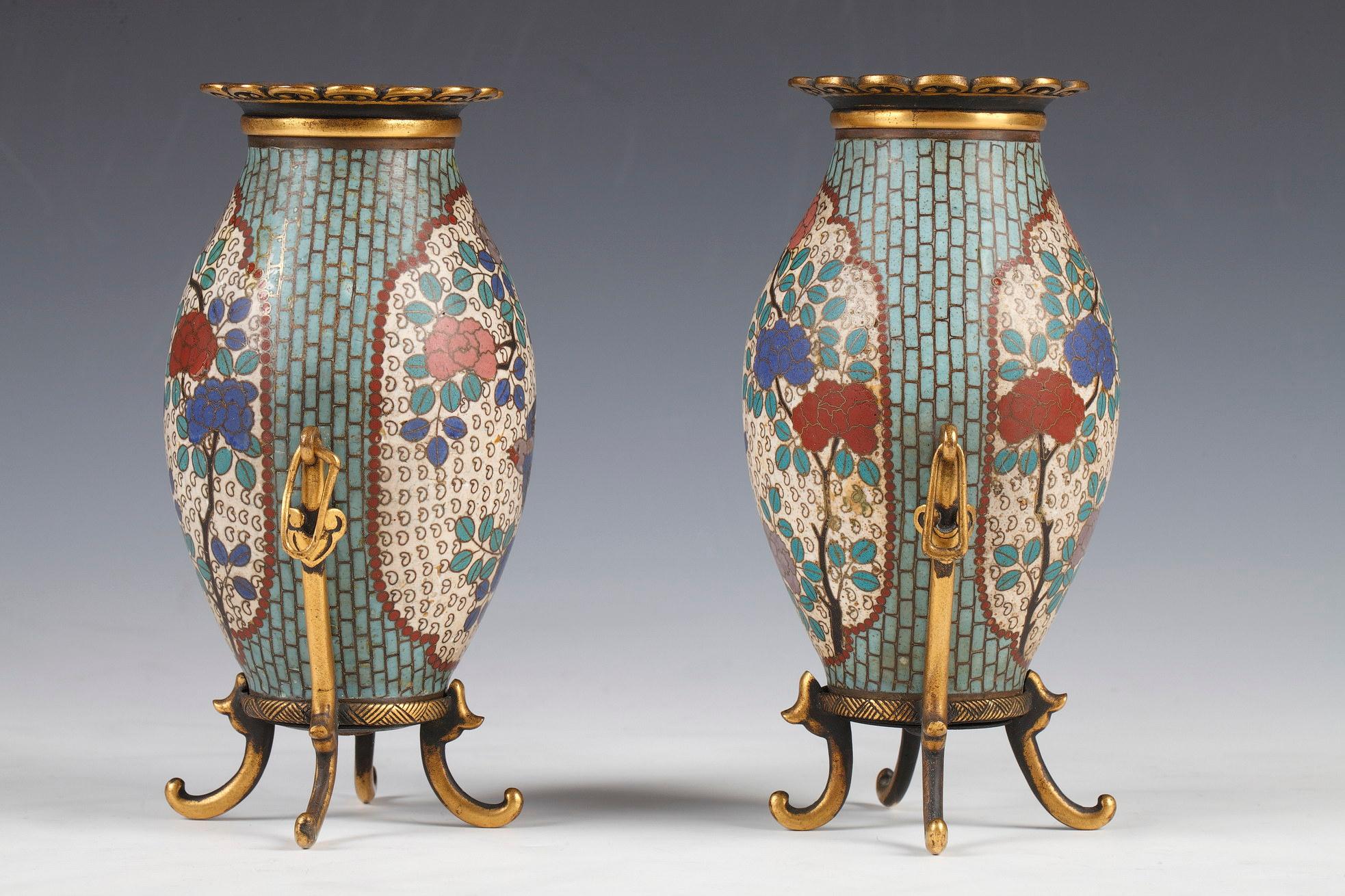 French Pair of Small Cloisonné Enamel Vases by F. Barbedienne, France, Circa 1880 For Sale