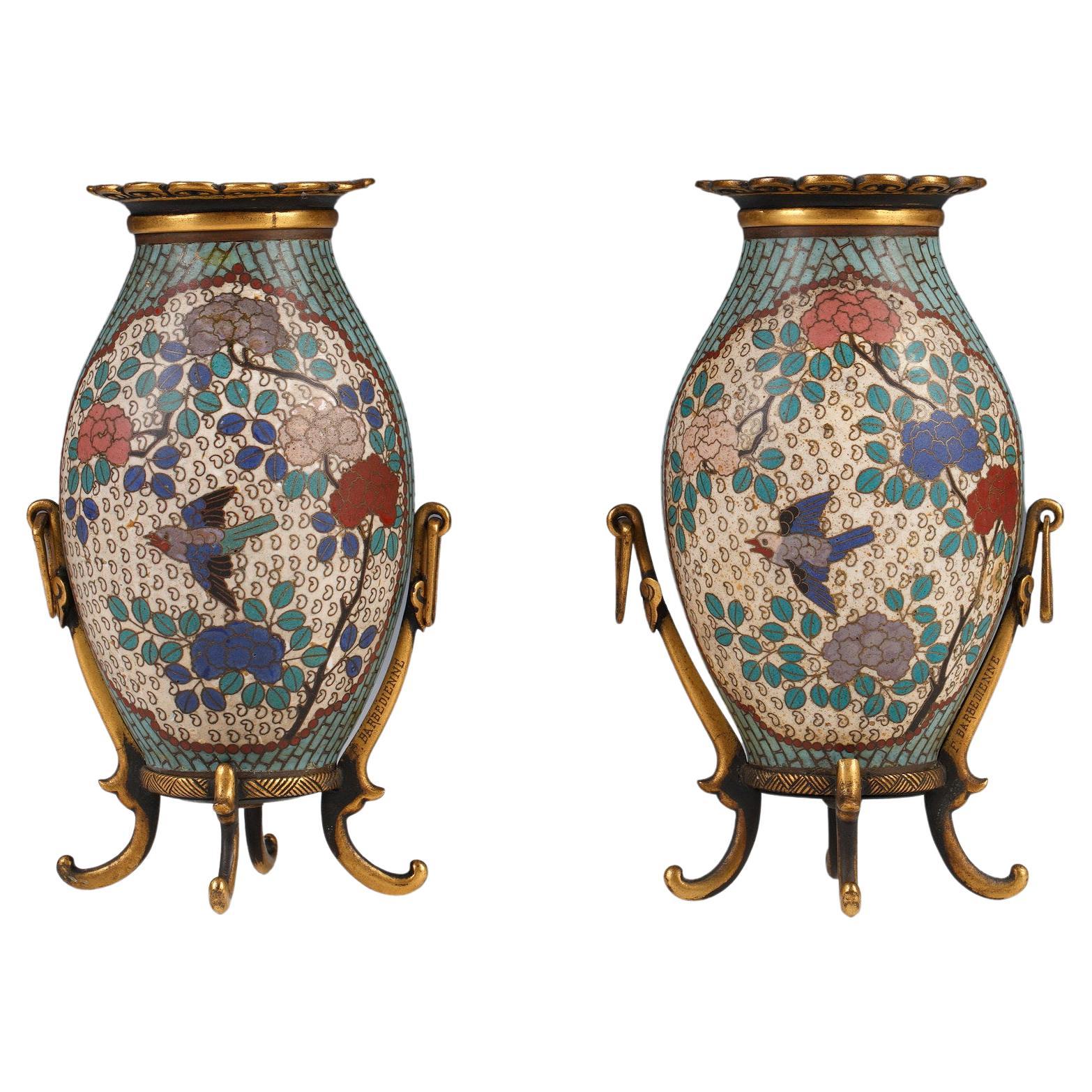 Pair of Small Cloisonné Enamel Vases by F. Barbedienne, France, Circa 1880 For Sale