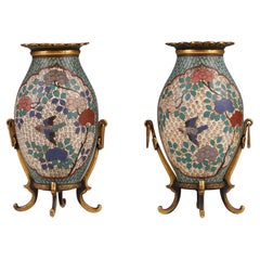 Pair of Small Cloisonné Enamel Vases by F. Barbedienne, France, Circa 1880