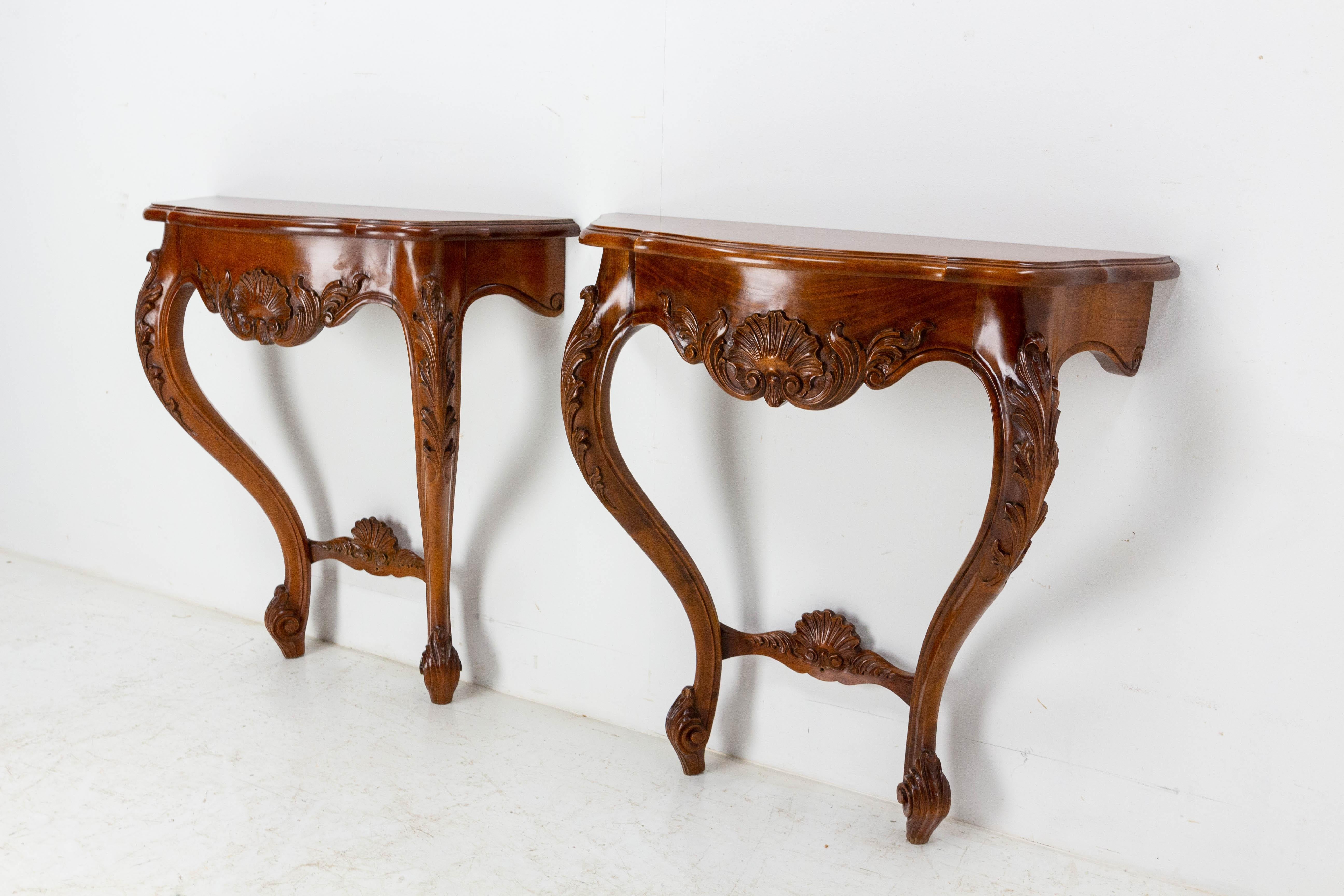 Late 20th Century Pair of Small Console Tables French Brackets Wall Mounted Shelves Louis XV Style
