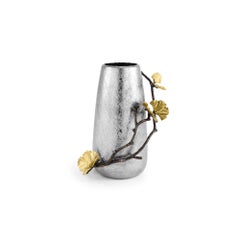 Pair of Small Contemporary Silver Metal Ginkgo Vase with Gold Leaves
