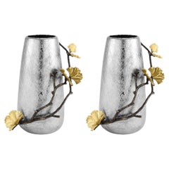 Pair of Small Contemporary Silver Metal Ginkgo Vase with Gold Leaves