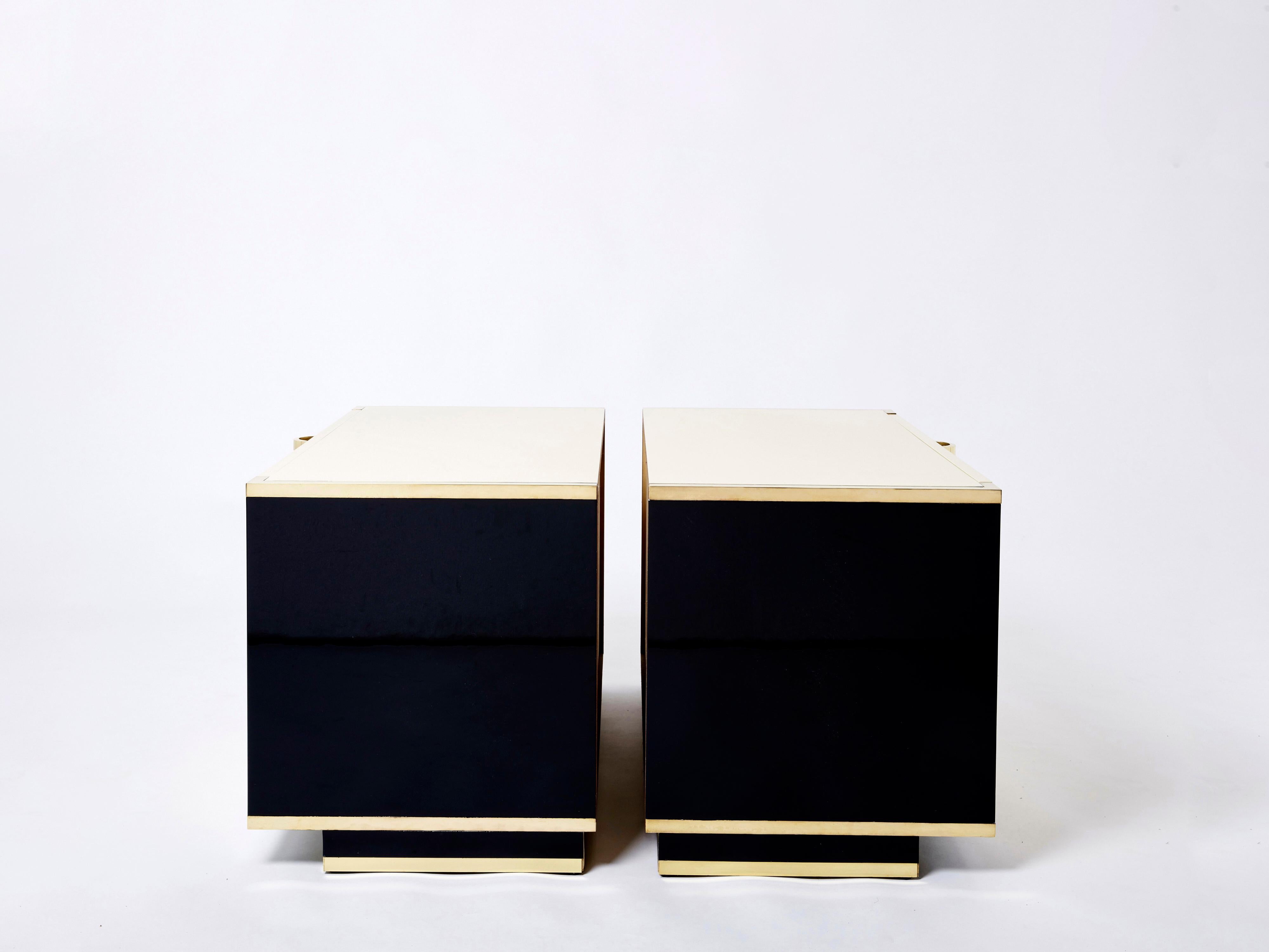 Pair of small cream black lacquer brass commodes by J.C. Mahey 1970s 6