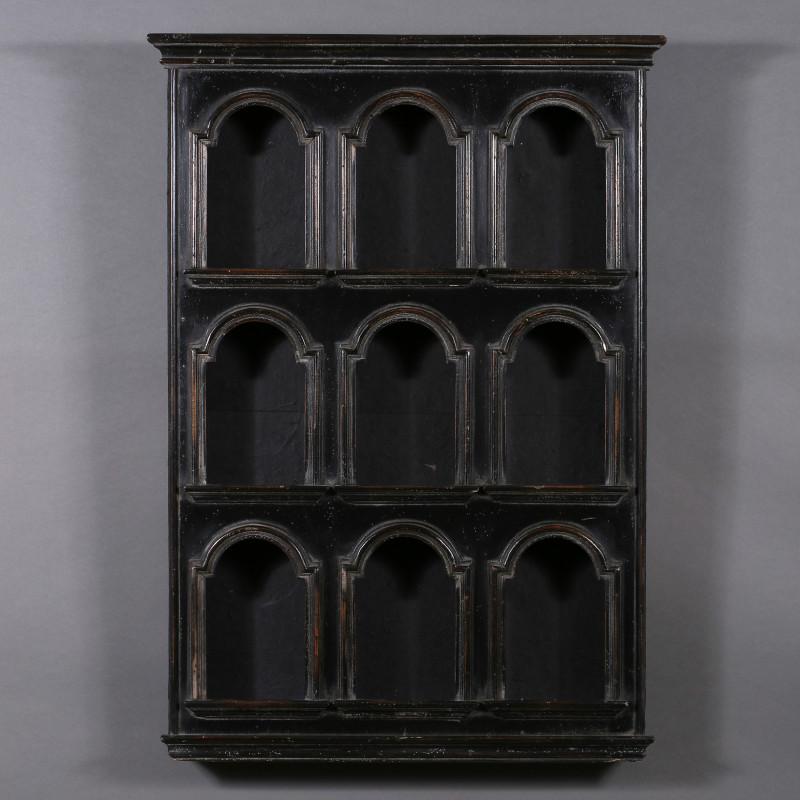 Pair of Small Curiosity Wall Units or Small Bookcases, 20th century.

Pair of small bookcases, wall-mounted curio cabinets in blackened wood with 9 alcoves each in the antique style, 20th century.
Each: H: 88cm, W: 63cm, D: 11cm