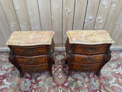 Pair of small curved chests of drawers – Louis XV style – Marquetry & Marble – 1