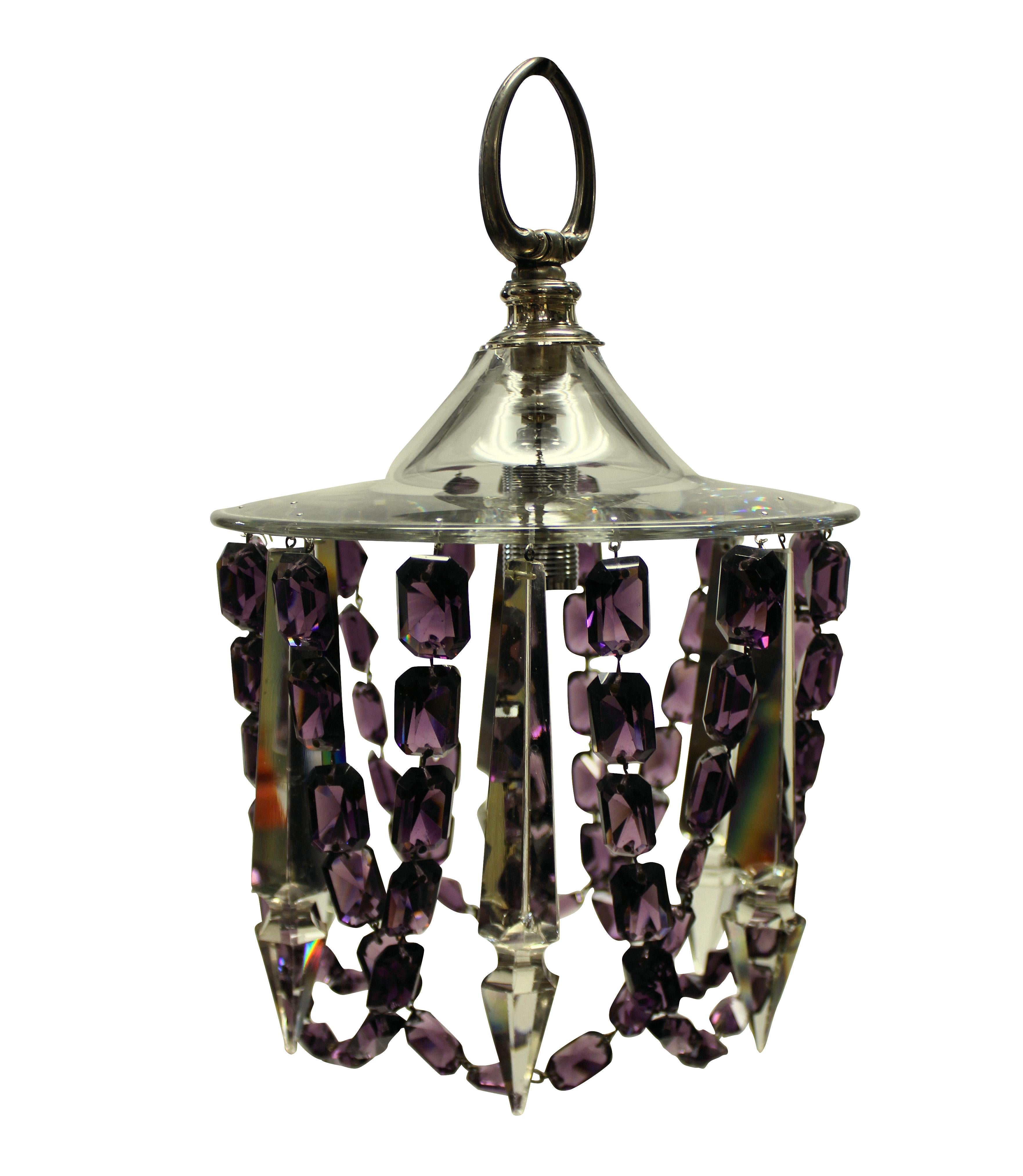 A pair of charming little English cut glass ceiling lights, hung with pendants and amethyst glass.