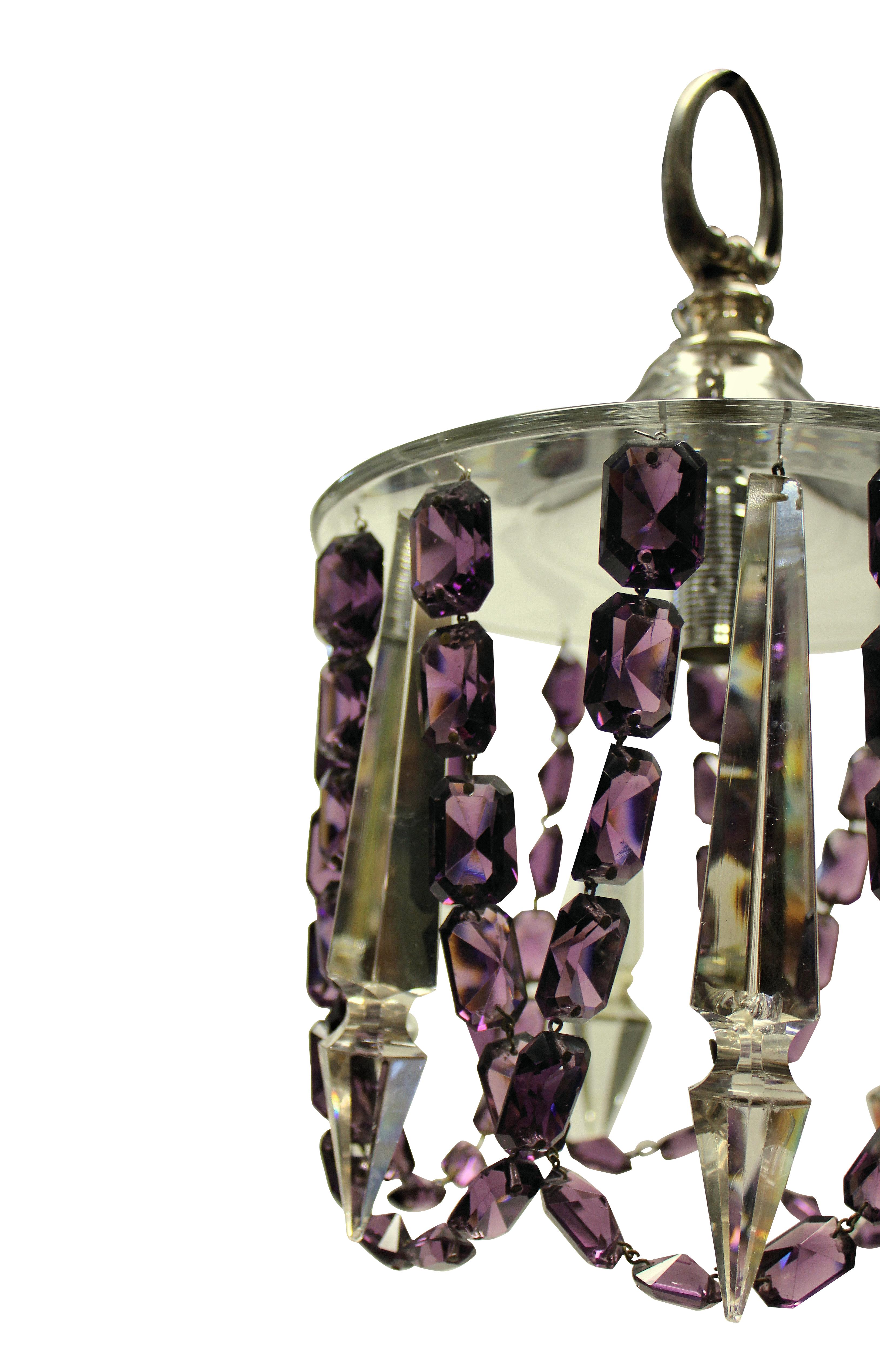 English Pair of Small Cut Glass Ceiling Lights with Amethyst Glass