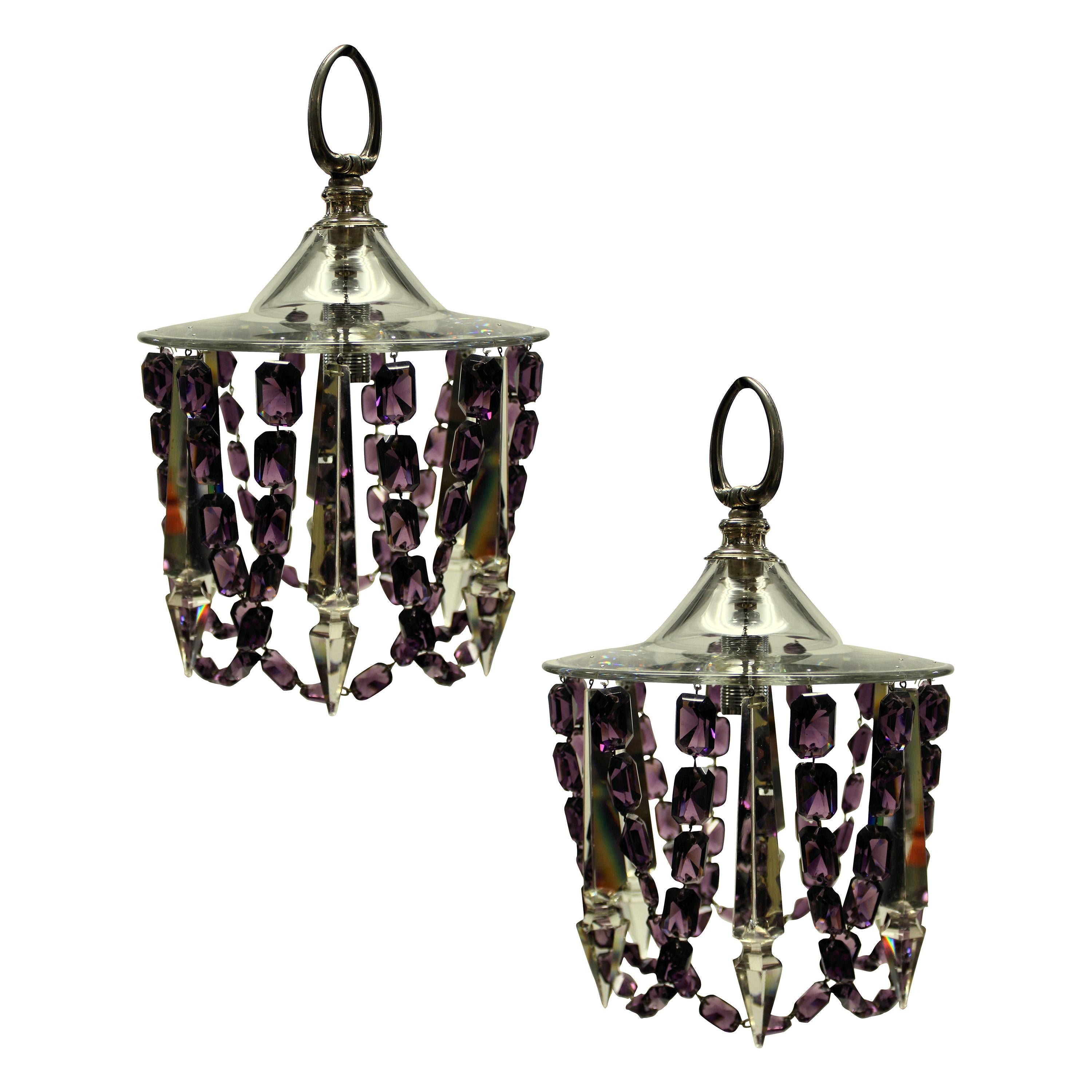 Pair of Small Cut Glass Ceiling Lights with Amethyst Glass