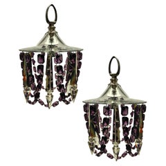 Pair of Small Cut Glass Ceiling Lights with Amethyst Glass