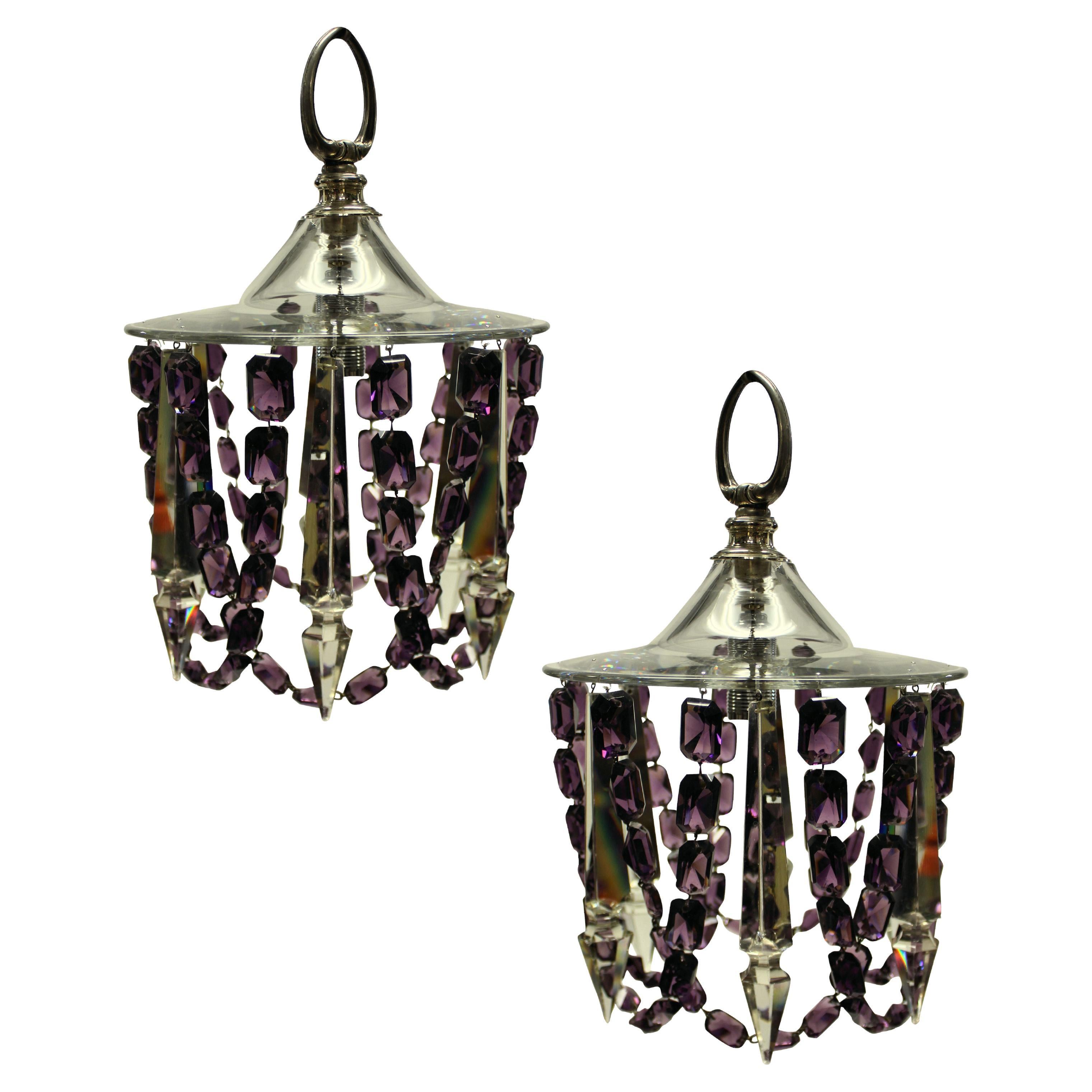 Pair of Small Cut Glass Ceiling Lights with Amethyst Glass For Sale at
