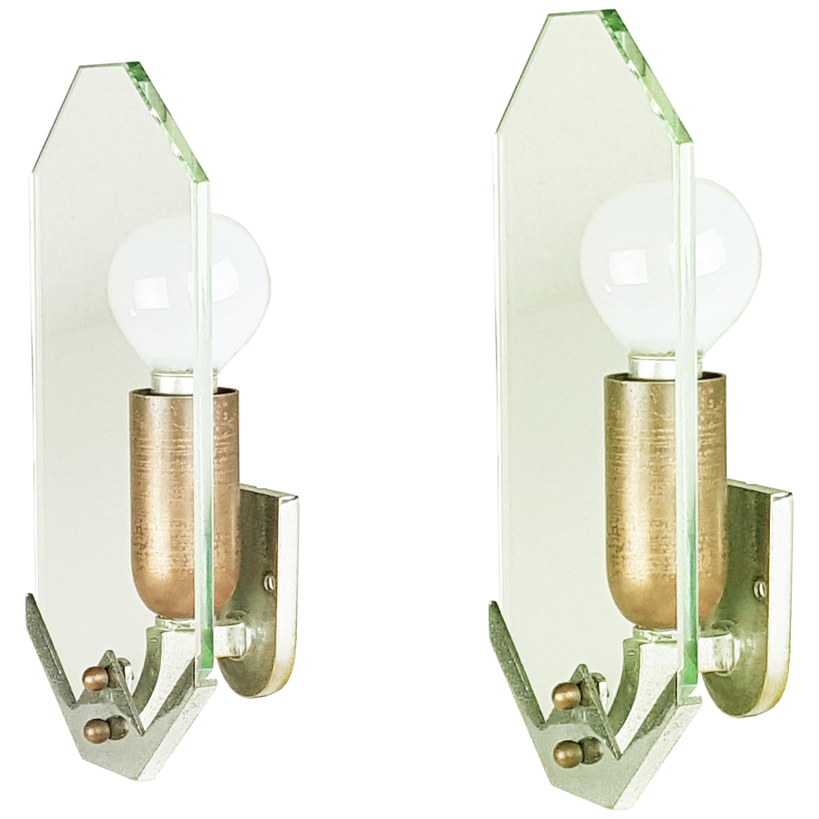 Pair of Small Cut Glass, Copper & Chrome-Plated Metal 1930s Deco Wall Lamps