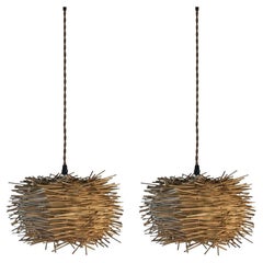 Pair of Small Cylindrical French Rattan Pendant Lights