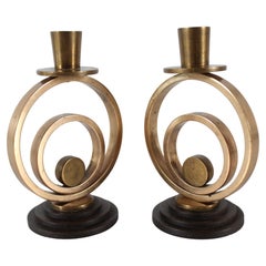 Pair of small Danish Art Deco Candlesticks of Patinated Brass Denmark 1940s