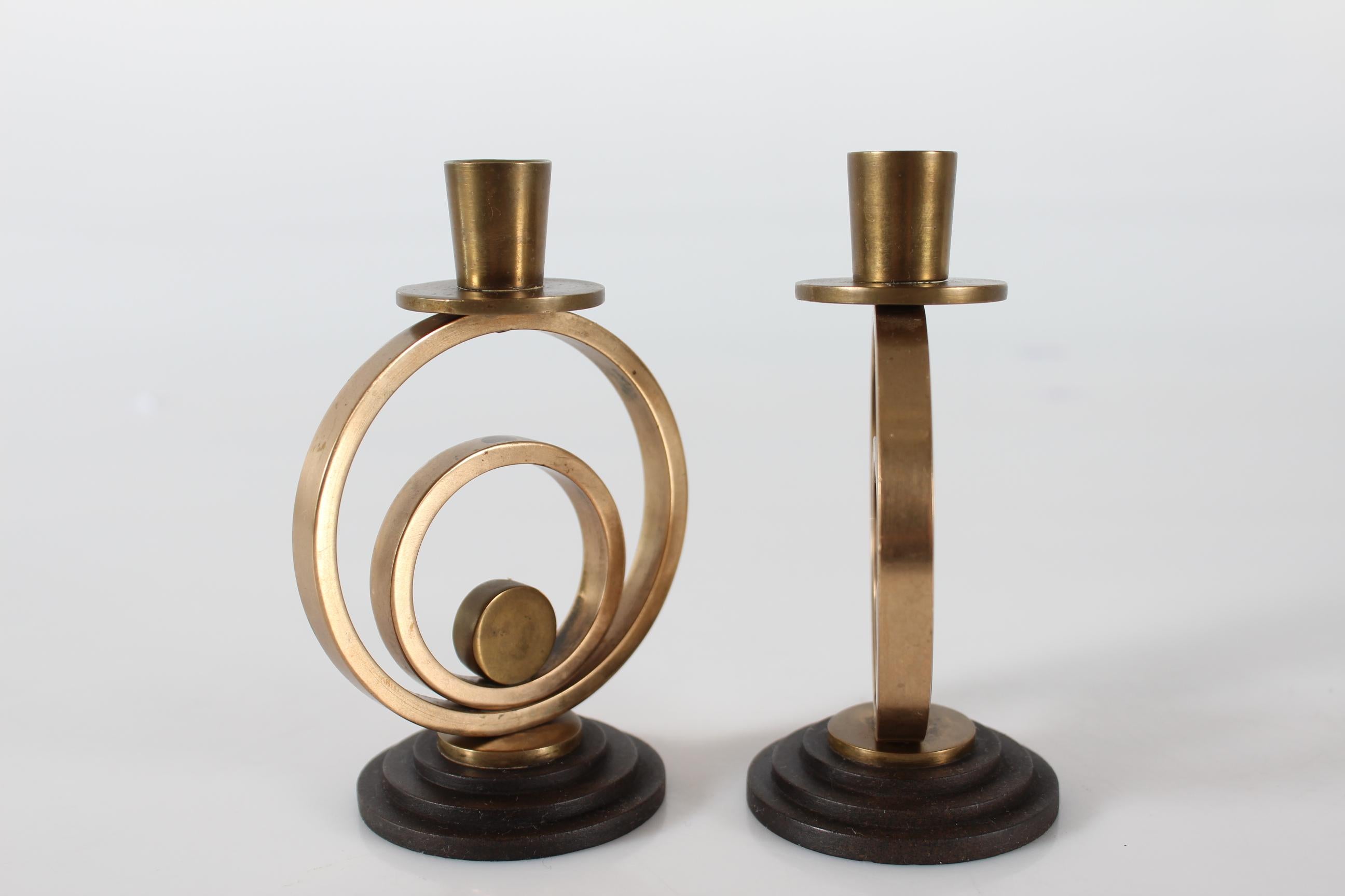 Pair of small Danish Art Deco Candlestick of Patinated Brass Denmark 1940s In Good Condition For Sale In Aarhus C, DK