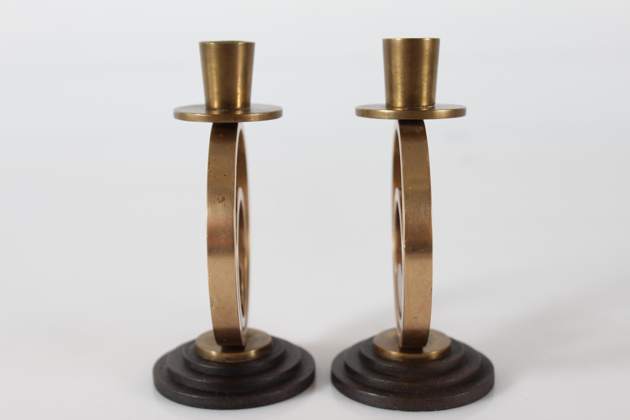 Pair of small Danish Art Deco Candlestick of Patinated Brass Denmark 1940s For Sale 1