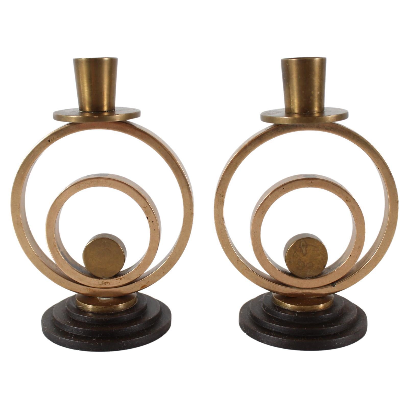 Pair of small Danish Art Deco Candlestick of Patinated Brass Denmark 1940s For Sale