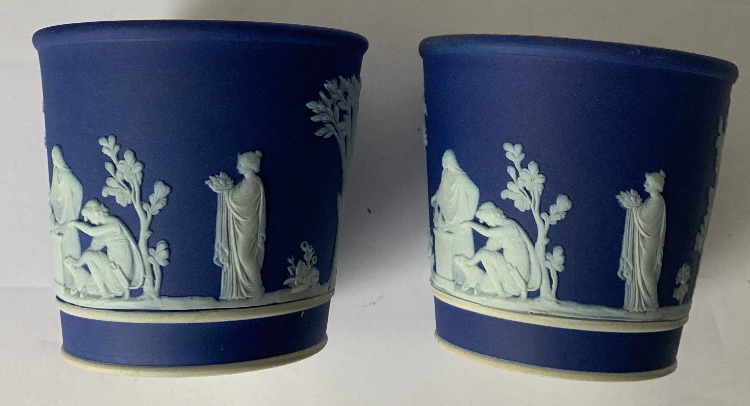 Neoclassical Pair of Small Dark Blue Jasperware Wedgwood Vases