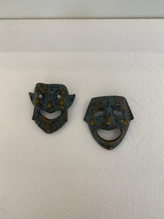 Pair of Small Decorative Bronze/Brass Greek Theatre Masks Wall Hangings, 1970s