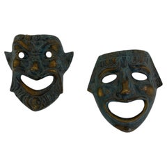 Pair of Small Decorative Bronze/Brass Greek Theatre Masks Wall Hangings, 1970s