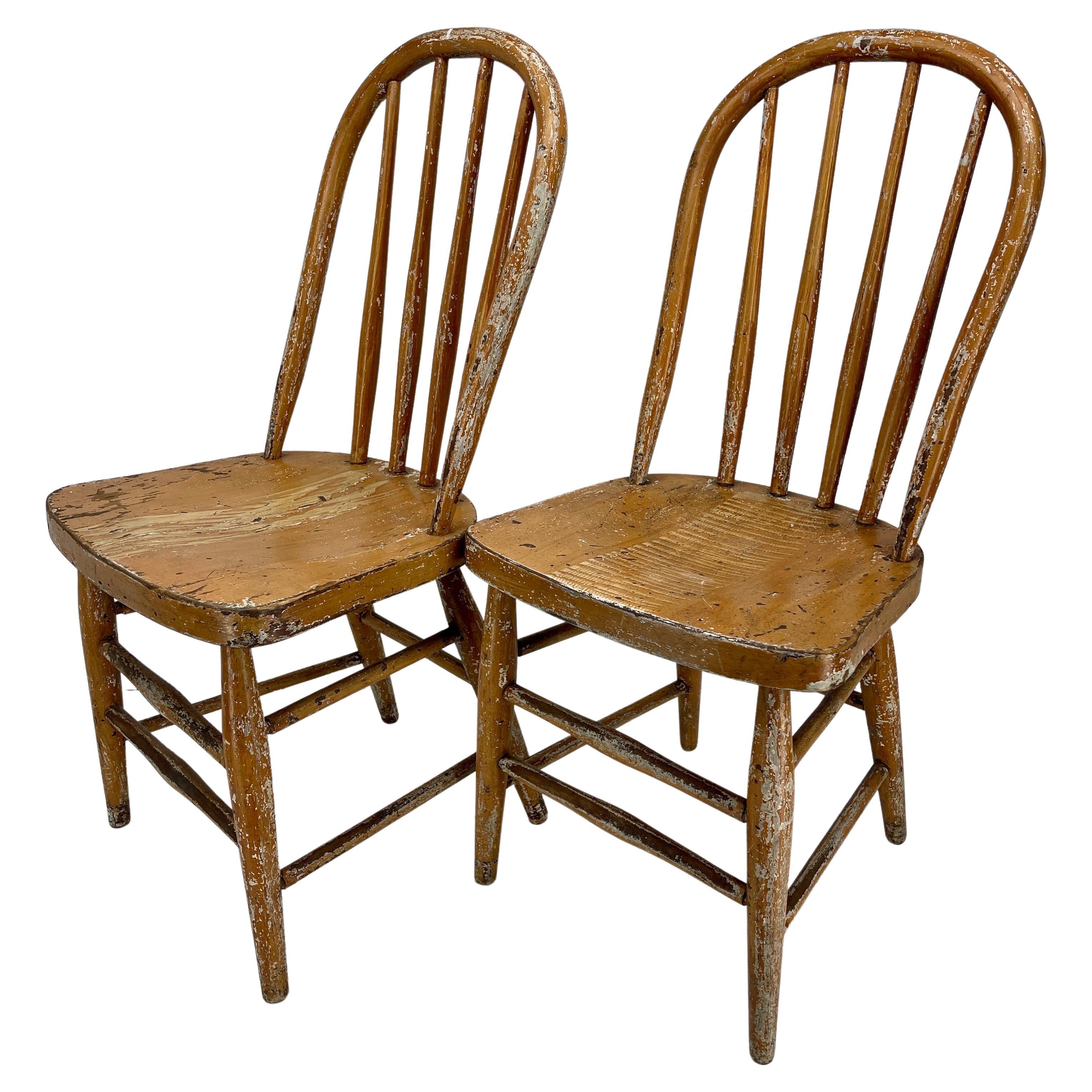 Set of Two Smaller Folk Art Chairs or Side Tables With Original Paint and Patina. 