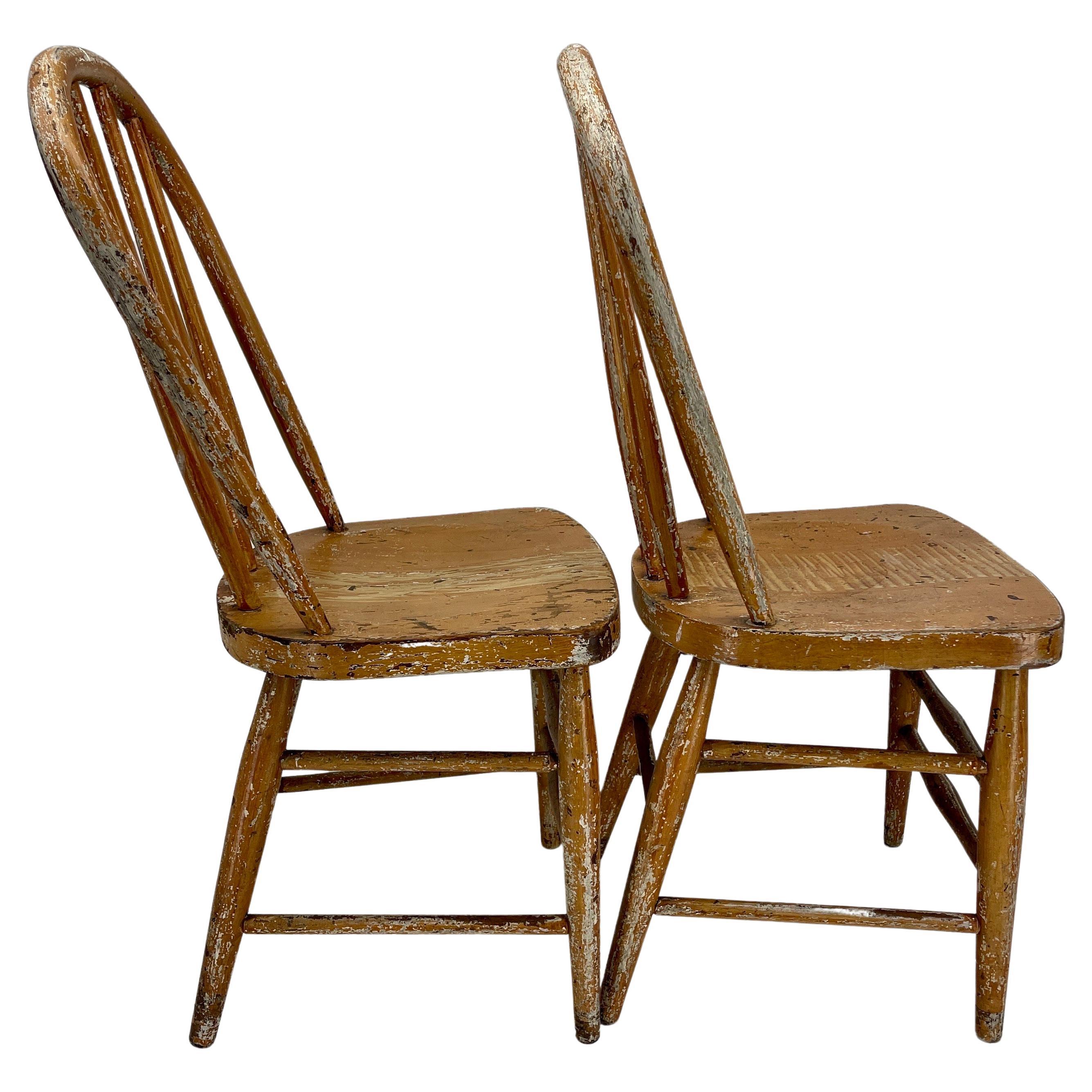 Wood Pair of Small Early Painted Folk Art Chairs or Side Tables For Sale