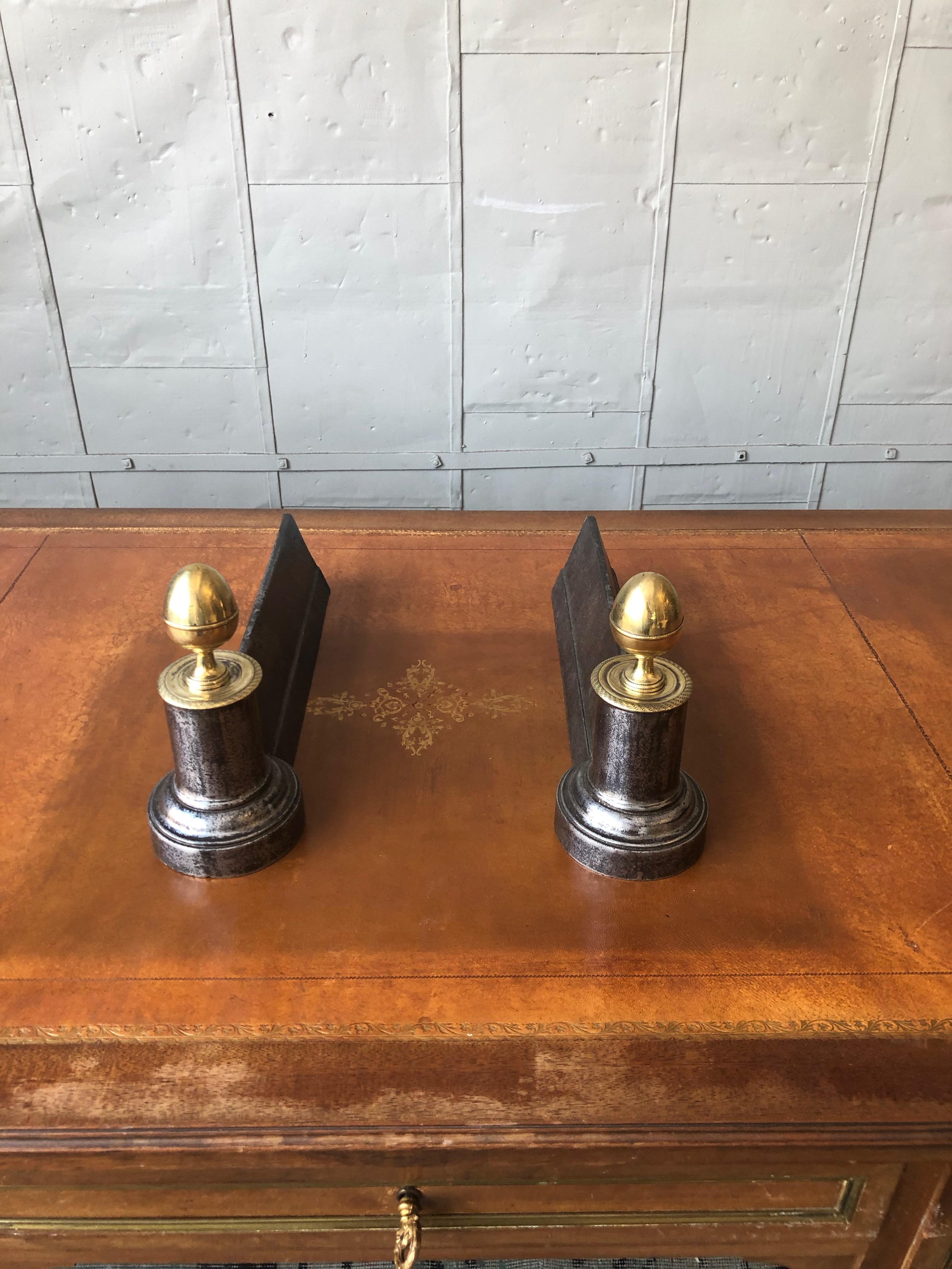 Pair of Small Empire Style Iron Andirons with Brass Finials 4