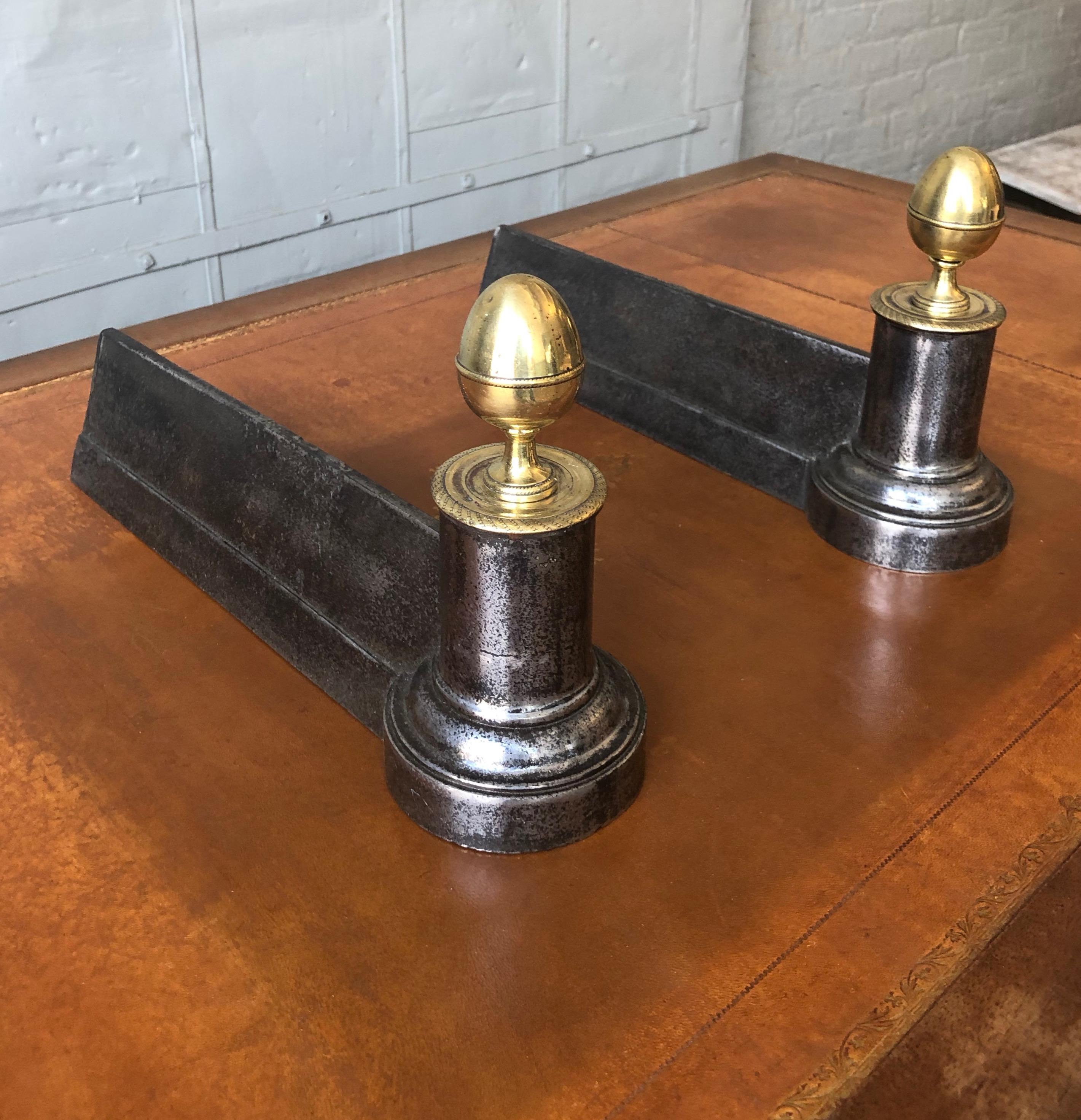 Steampunk Pair of Small Empire Style Iron Andirons with Brass Finials