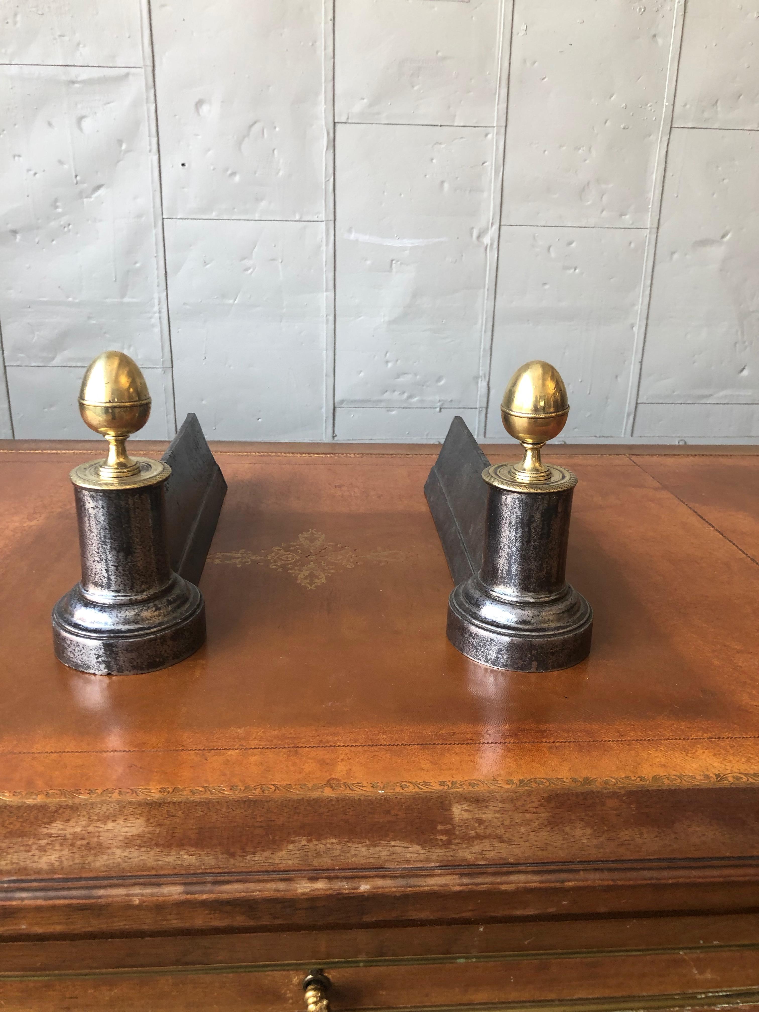 French Pair of Small Empire Style Iron Andirons with Brass Finials