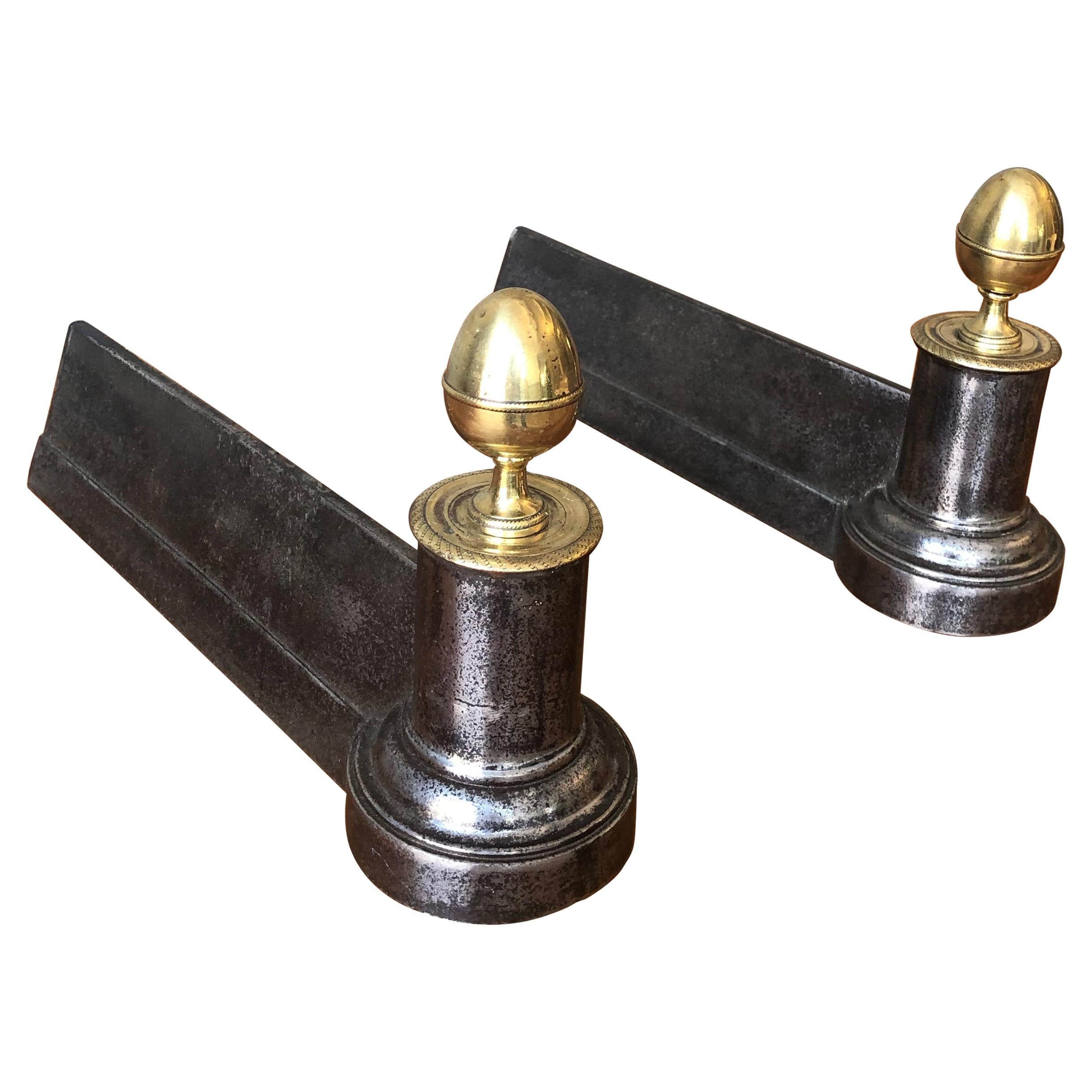 Pair of Small Empire Style Iron Andirons with Brass Finials