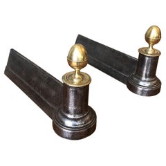 Pair of Small Empire Style Iron Andirons with Brass Finials