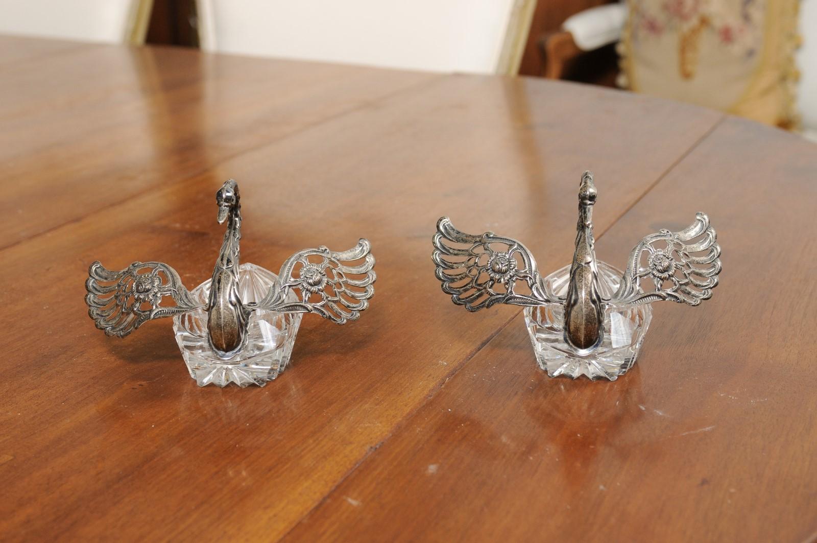 Pair of Small English 20th Century Crystal Swans with Opening Silver Wings 6