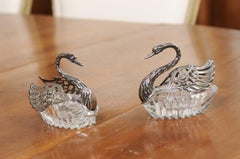 Pair of Small English 20th Century Crystal Swans with Opening Silver Wings