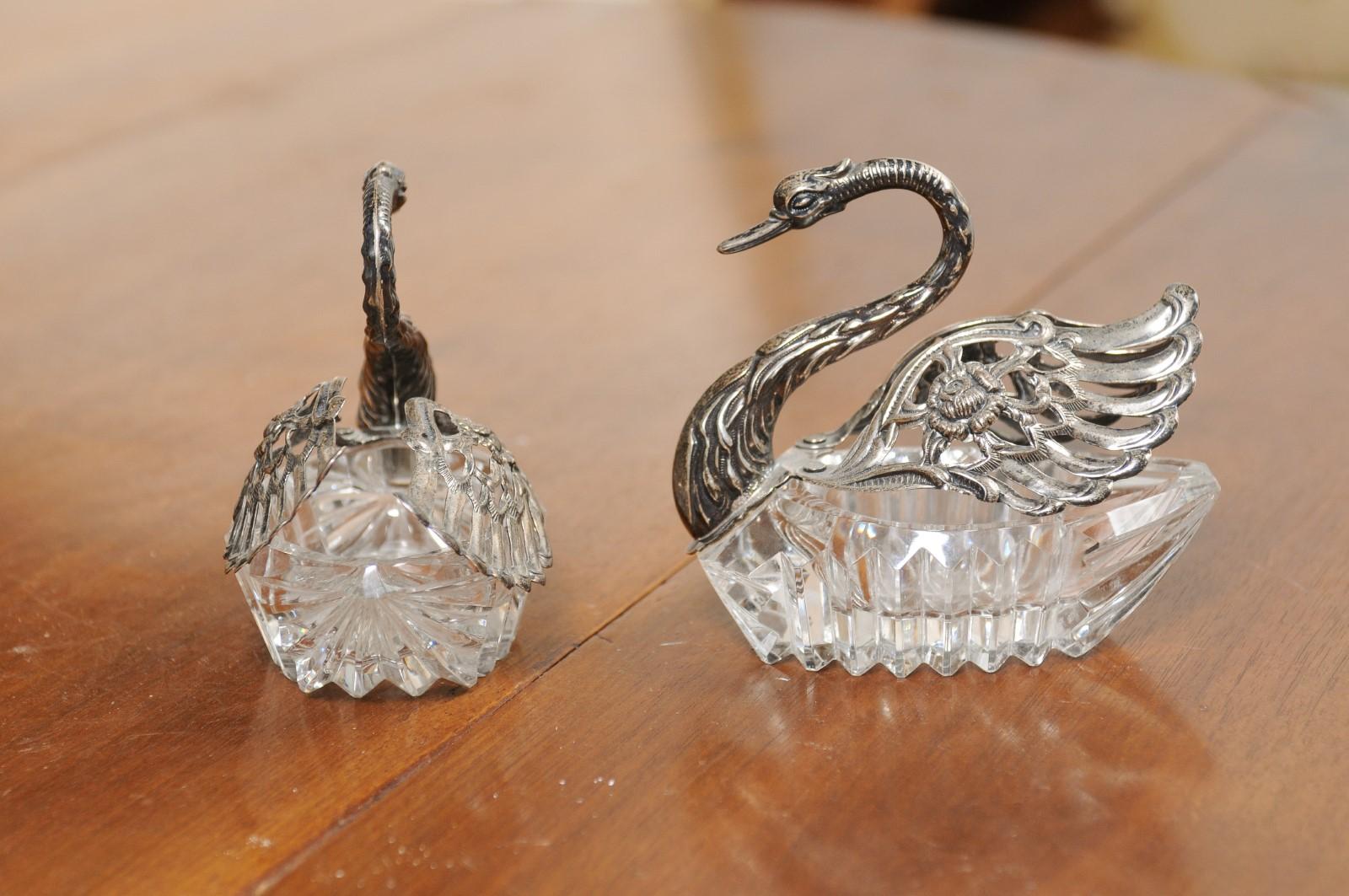 Pair of Small English 20th Century Crystal Swans with Opening Silver Wings 1