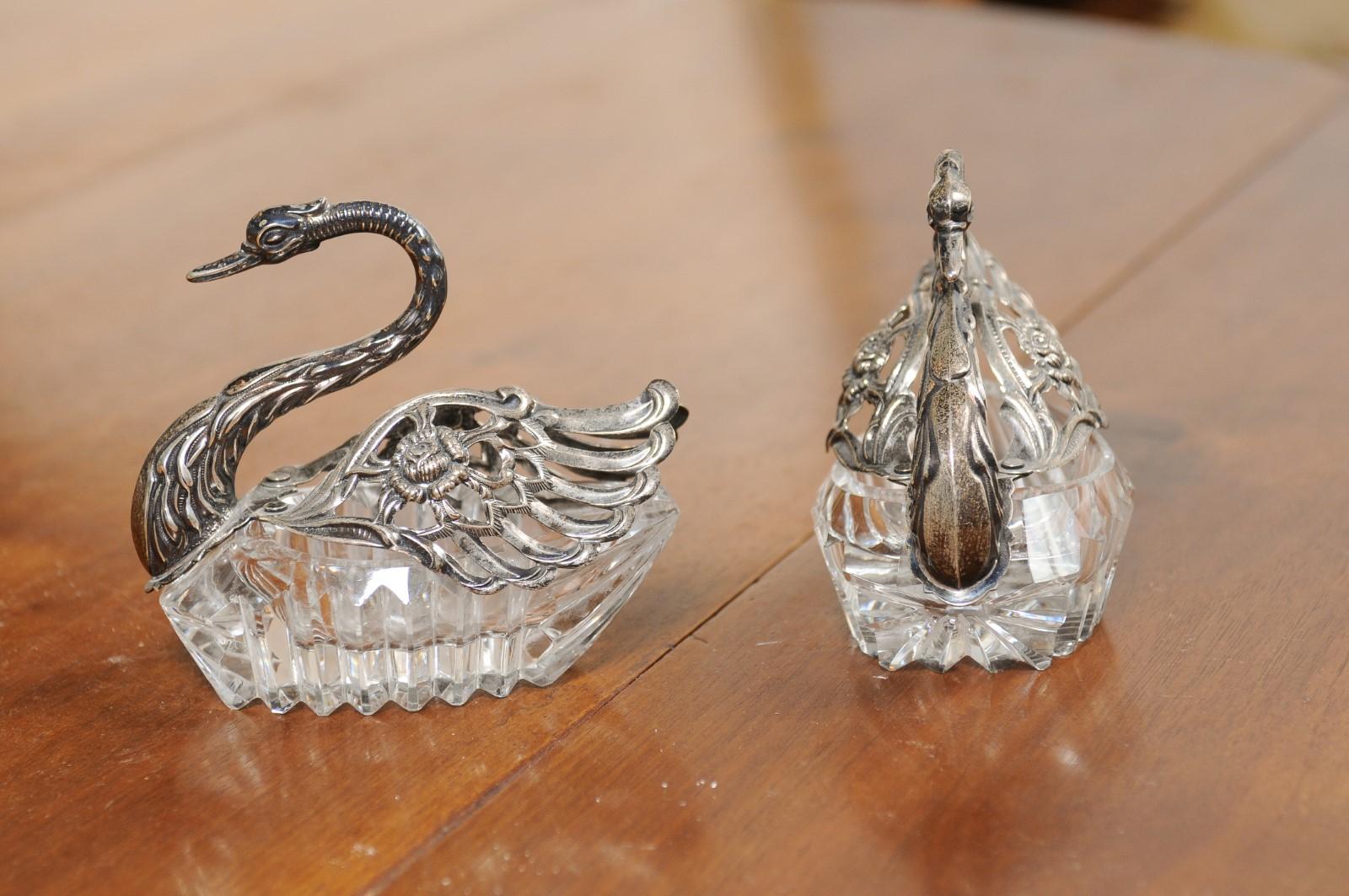 Pair of Small English 20th Century Crystal Swans with Opening Silver Wings 2