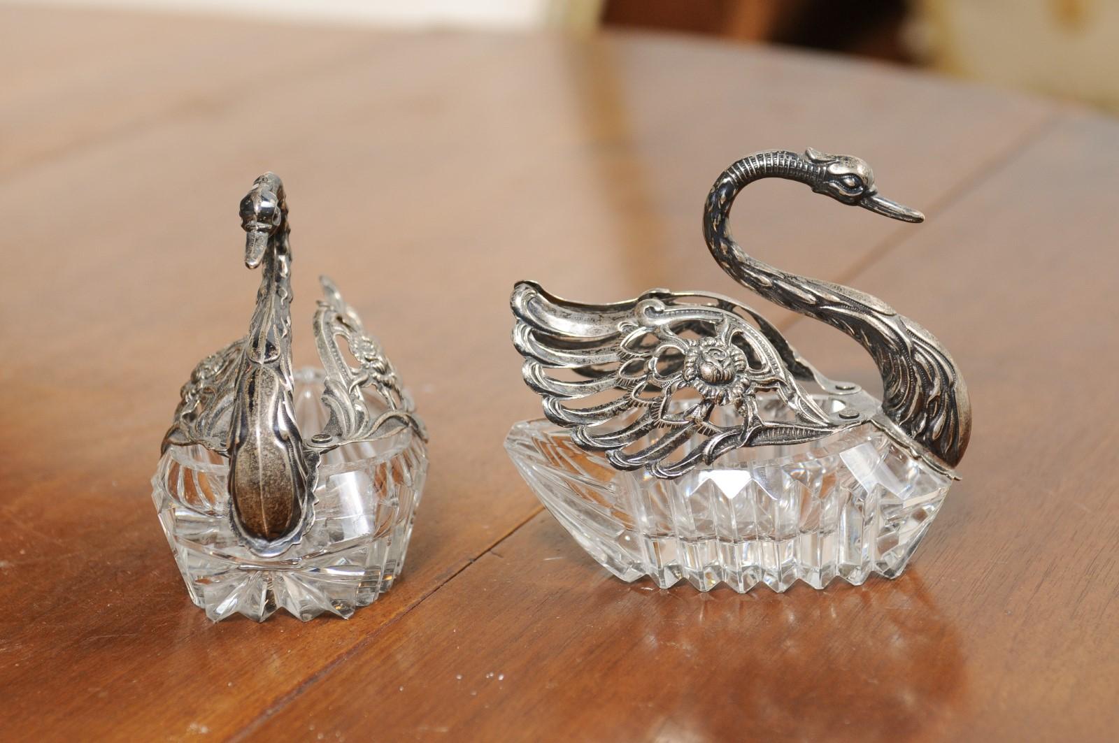 Pair of Small English 20th Century Crystal Swans with Opening Silver Wings 3