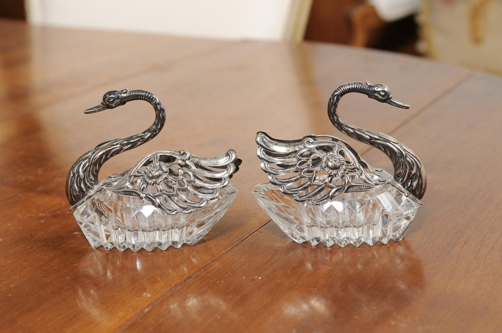 Pair of Small English 20th Century Crystal Swans with Opening Silver Wings 4