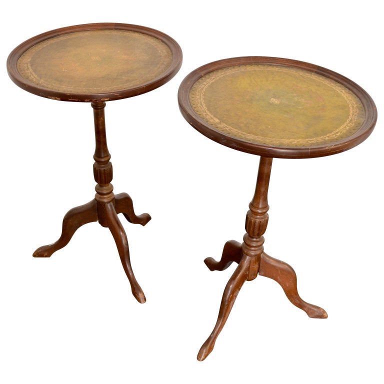 English Leather Top Game Tables, Antique Leather Top End Tables